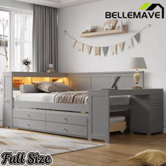Bellemave® Full Corner Bed Frame, Full Size Captain beds with Storage Cabinets & Desk, Wood Daybed with Bookcase, Trundle & Drawers - Bellemave