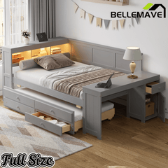 Bellemave® Full Corner Bed Frame, Full Size Captain beds with Storage Cabinets & Desk, Wood Daybed with Bookcase, Trundle & Drawers - Bellemave