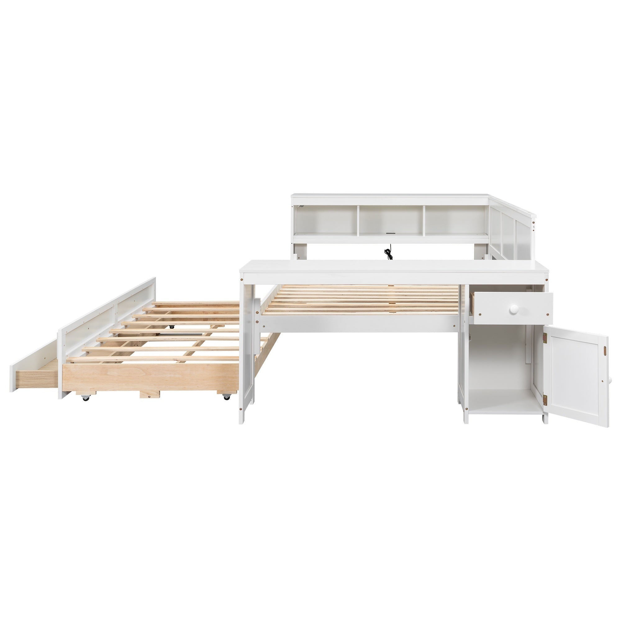 Bellemave® Full Corner Bed Frame, Full Size Captain beds with Storage Cabinets & Desk, Wood Daybed with Bookcase, Trundle & Drawers - Bellemave