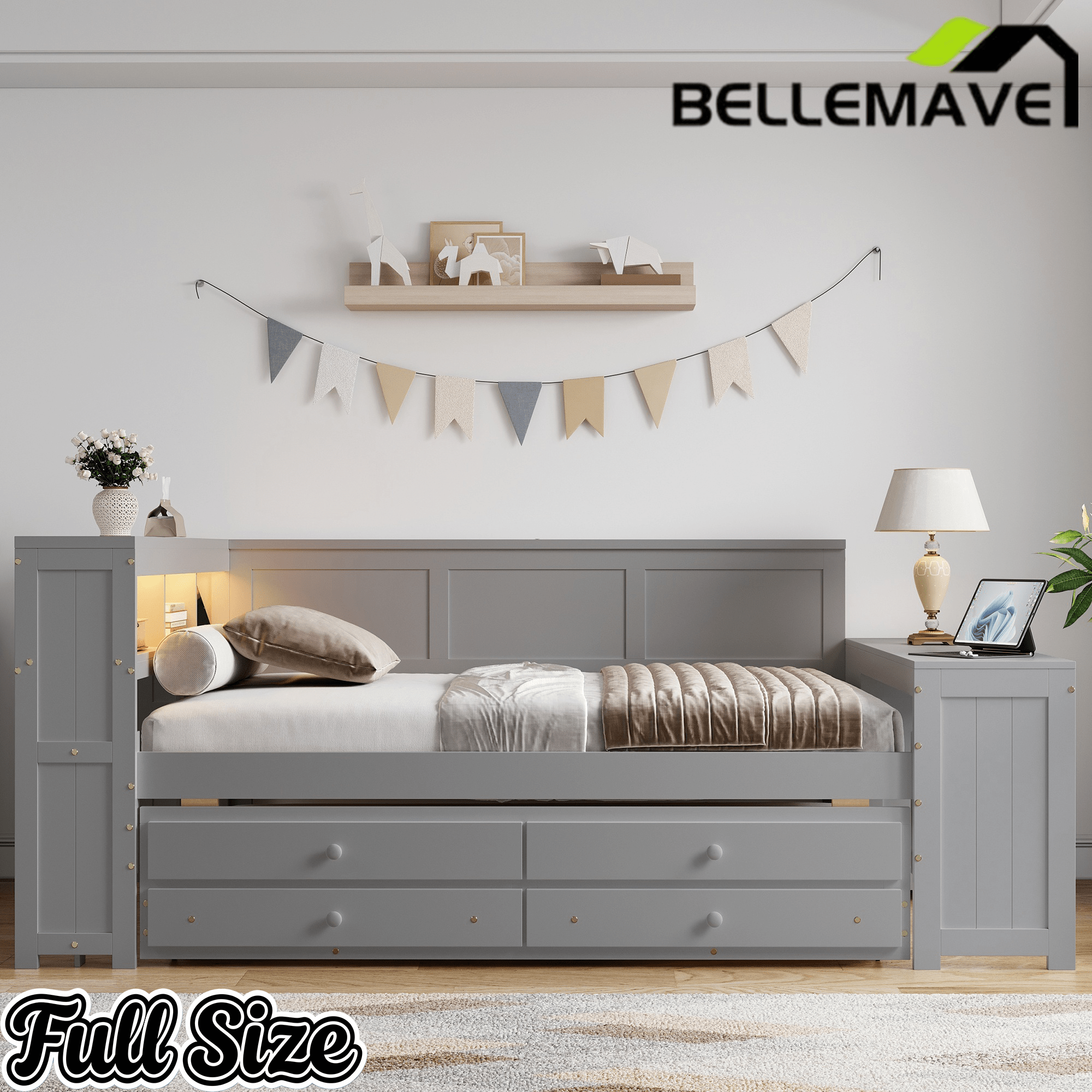Bellemave® Full Corner Bed Frame, Full Size Captain beds with Storage Cabinets & Desk, Wood Daybed with Bookcase, Trundle & Drawers - Bellemave