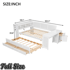 Bellemave® Full Corner Bed Frame, Full Size Captain beds with Storage Cabinets & Desk, Wood Daybed with Bookcase, Trundle & Drawers - Bellemave