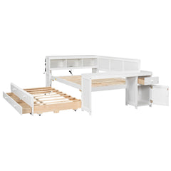 Bellemave® Full Corner Bed Frame, Full Size Captain beds with Storage Cabinets & Desk, Wood Daybed with Bookcase, Trundle & Drawers - Bellemave