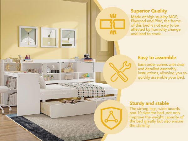 Bellemave® Full Corner Bed Frame, Full Size Corner Beds with Storage Cabinets and Desk, Wood Daybed with Bookcase and Drawers, White - Bellemave