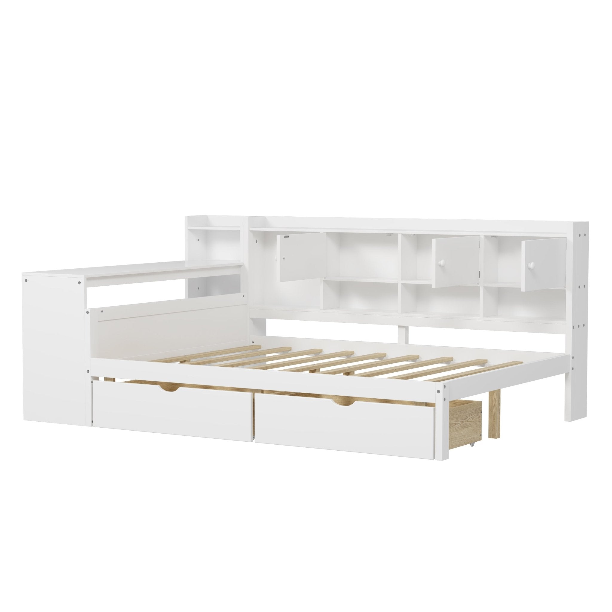 Bellemave® Full Corner Bed Frame, Full Size Corner Beds with Storage Cabinets and Desk, Wood Daybed with Bookcase and Drawers, White - Bellemave