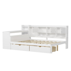 Bellemave® Full Corner Bed Frame, Full Size Corner Beds with Storage Cabinets and Desk, Wood Daybed with Bookcase and Drawers, White - Bellemave