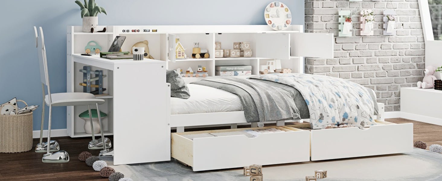 Bellemave® Full Corner Bed Frame, Full Size Corner Beds with Storage Cabinets and Desk, Wood Daybed with Bookcase and Drawers, White - Bellemave