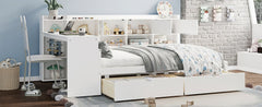Bellemave® Full Corner Bed Frame, Full Size Corner Beds with Storage Cabinets and Desk, Wood Daybed with Bookcase and Drawers, White - Bellemave