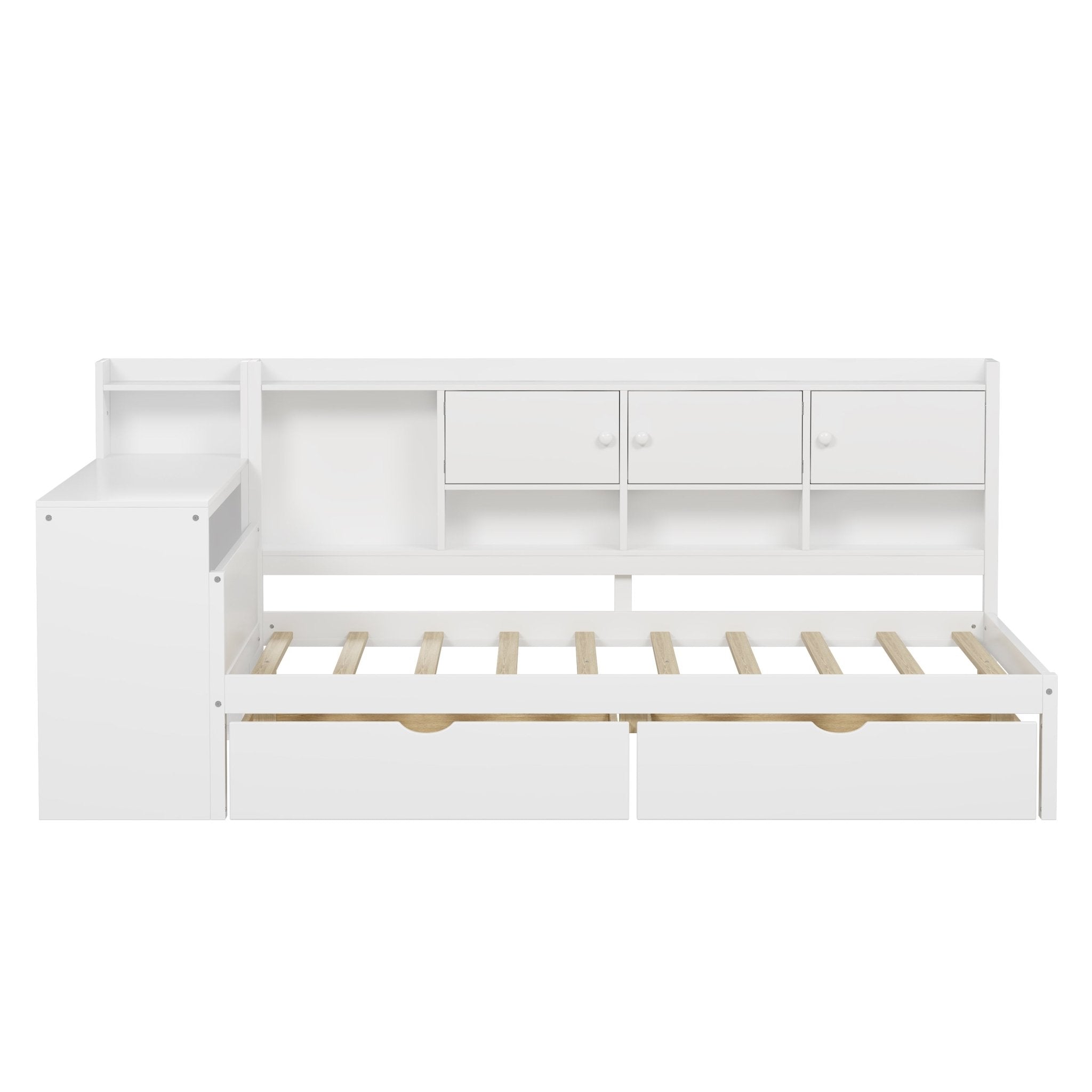 Bellemave® Full Corner Bed Frame, Full Size Corner Beds with Storage Cabinets and Desk, Wood Daybed with Bookcase and Drawers, White - Bellemave