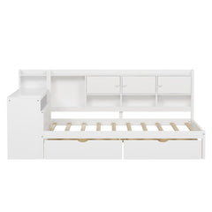Bellemave® Full Corner Bed Frame, Full Size Corner Beds with Storage Cabinets and Desk, Wood Daybed with Bookcase and Drawers, White - Bellemave
