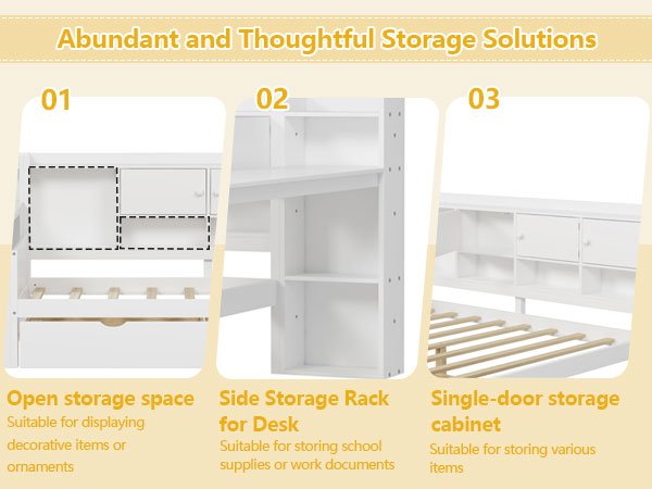 Bellemave® Full Corner Bed Frame, Full Size Corner Beds with Storage Cabinets and Desk, Wood Daybed with Bookcase and Drawers, White - Bellemave