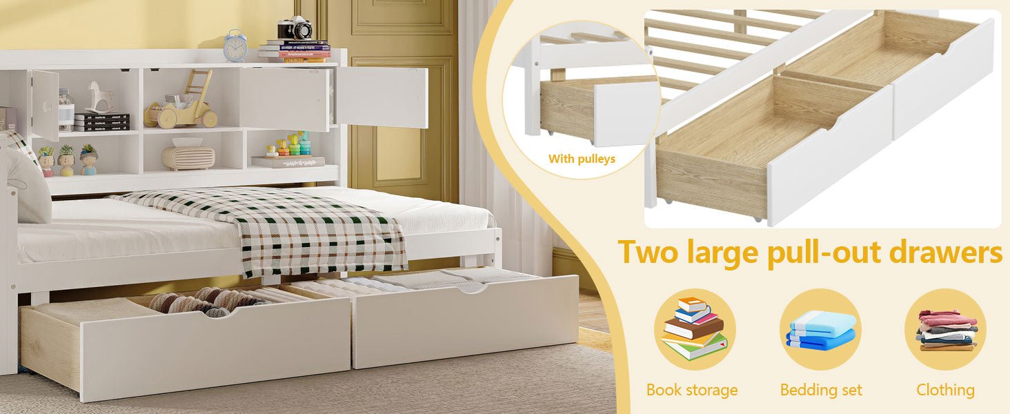Bellemave® Full Corner Bed Frame, Full Size Corner Beds with Storage Cabinets and Desk, Wood Daybed with Bookcase and Drawers, White - Bellemave