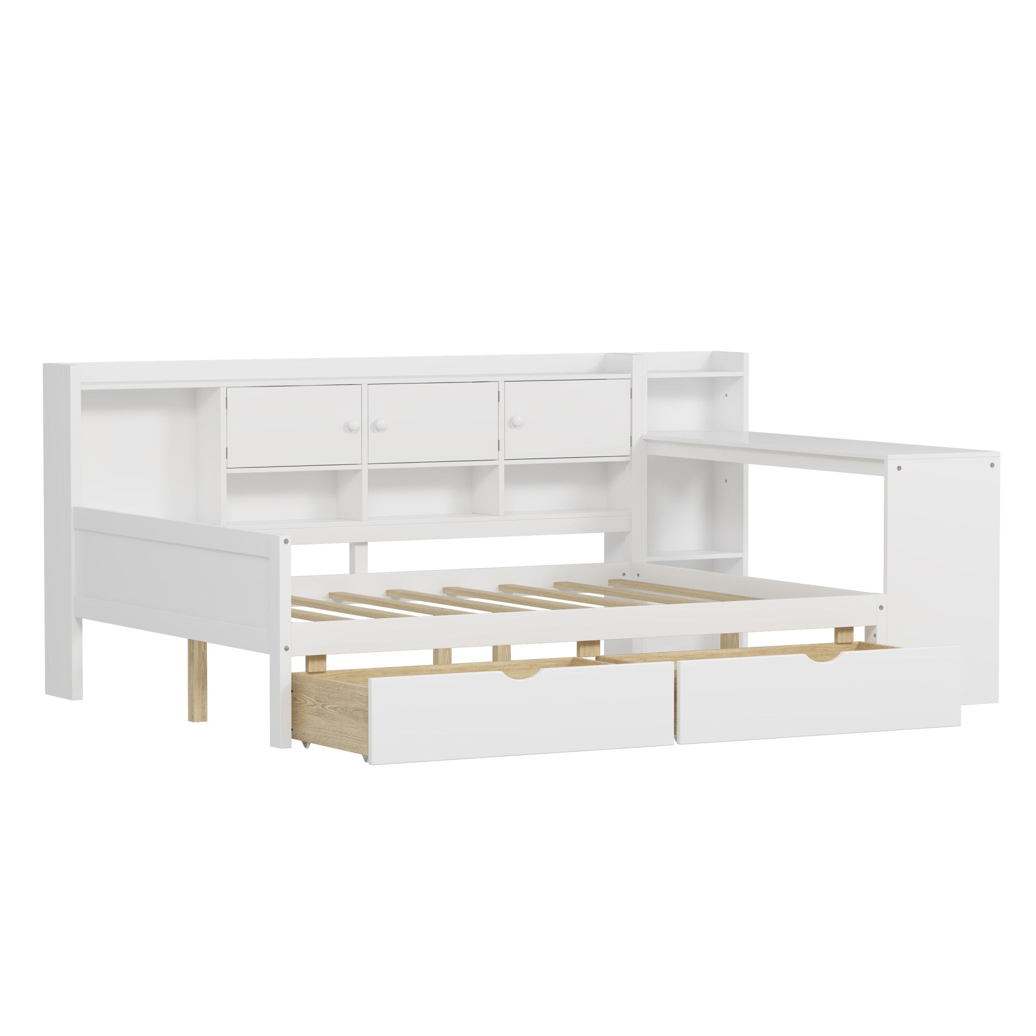 Bellemave® Full Corner Bed Frame, Full Size Corner Beds with Storage Cabinets and Desk, Wood Daybed with Bookcase and Drawers, White - Bellemave