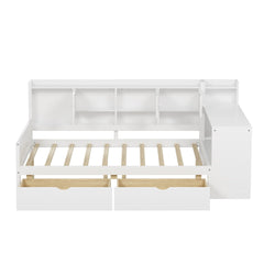 Bellemave® Full Corner Bed Frame, Full Size Corner Beds with Storage Cabinets and Desk, Wood Daybed with Bookcase and Drawers, White - Bellemave