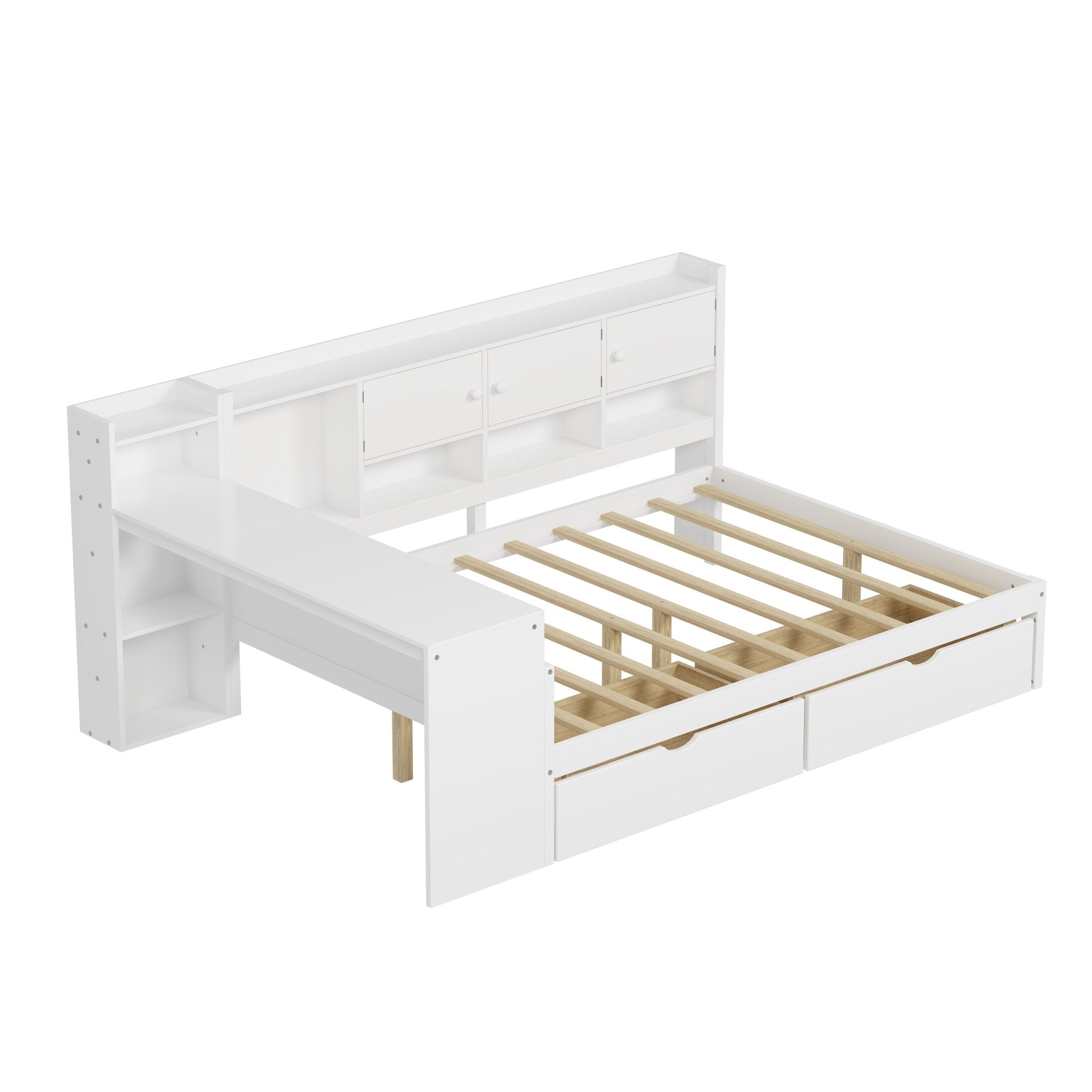 Bellemave® Full Corner Bed Frame, Full Size Corner Beds with Storage Cabinets and Desk, Wood Daybed with Bookcase and Drawers, White - Bellemave