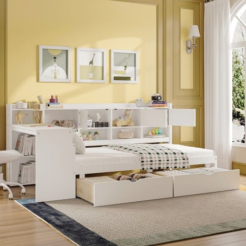 Bellemave® Full Corner Bed Frame, Full Size Corner Beds with Storage Cabinets and Desk, Wood Daybed with Bookcase and Drawers, White - Bellemave