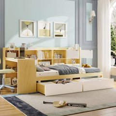 Bellemave® Full Corner Bed Frame, Full Size Corner Beds with Storage Cabinets and Desk, Wood Daybed with Bookcase and Drawers, White - Bellemave