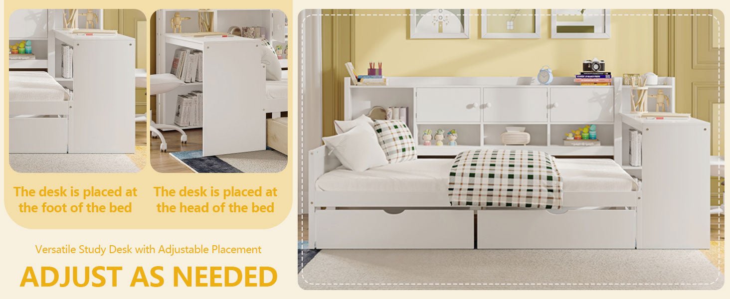 Bellemave® Full Corner Bed Frame, Full Size Corner Beds with Storage Cabinets and Desk, Wood Daybed with Bookcase and Drawers, White - Bellemave