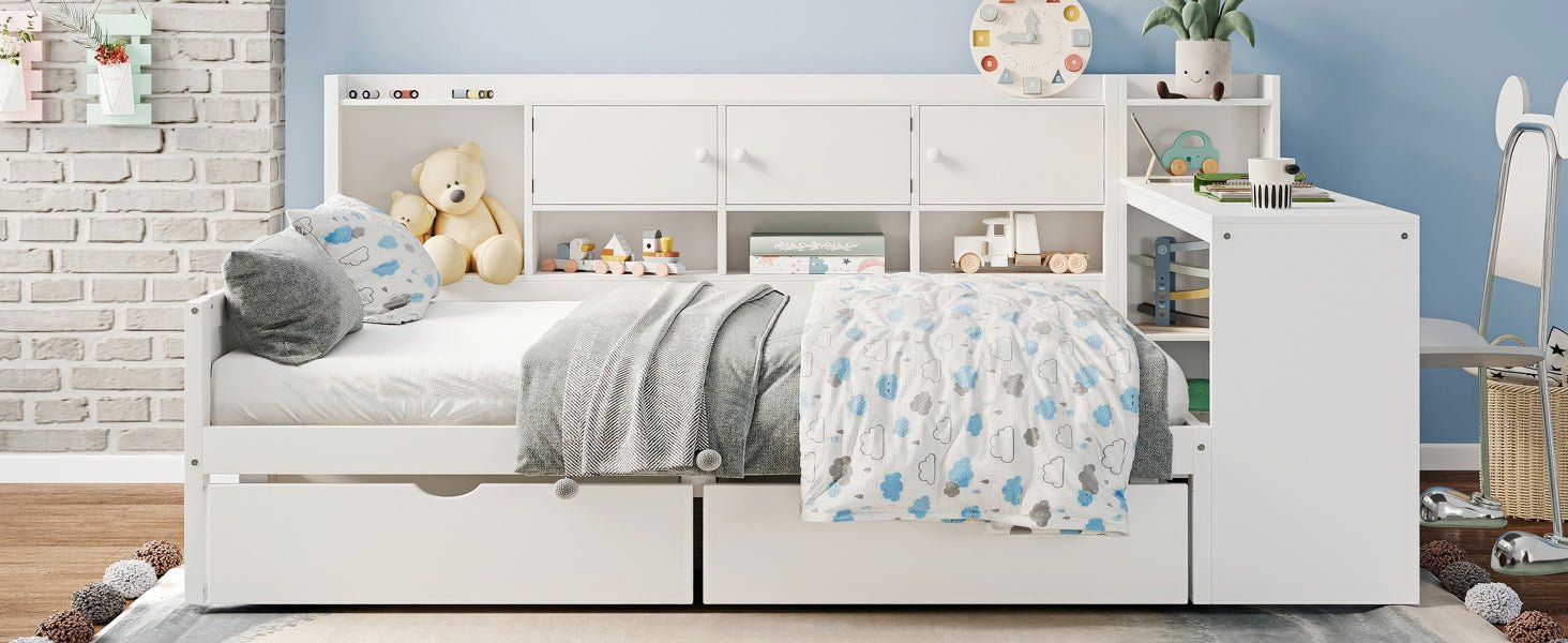 Bellemave® Full Corner Bed Frame, Full Size Corner Beds with Storage Cabinets and Desk, Wood Daybed with Bookcase and Drawers, White - Bellemave