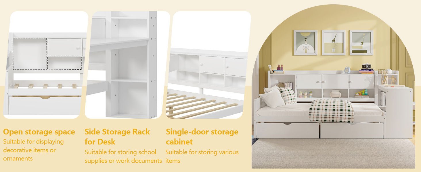 Bellemave® Full Corner Bed Frame, Full Size Corner Beds with Storage Cabinets and Desk, Wood Daybed with Bookcase and Drawers, White - Bellemave