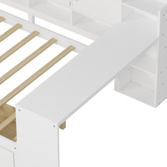 Bellemave® Full Corner Bed Frame, Full Size Corner Beds with Storage Cabinets and Desk, Wood Daybed with Bookcase and Drawers, White - Bellemave