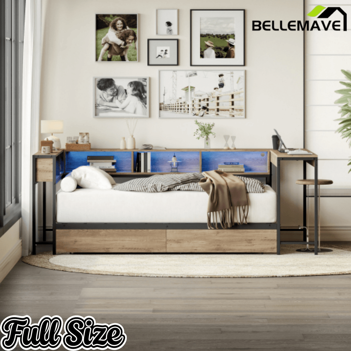 Bellemave® Full Corner Bed Frame with Desk & Storage, Full Size Captains Bed with Charging Station & LED Light, Wood Daybeds with L - Shaped Bookcase & 2 Drawers, Grey - Bellemave