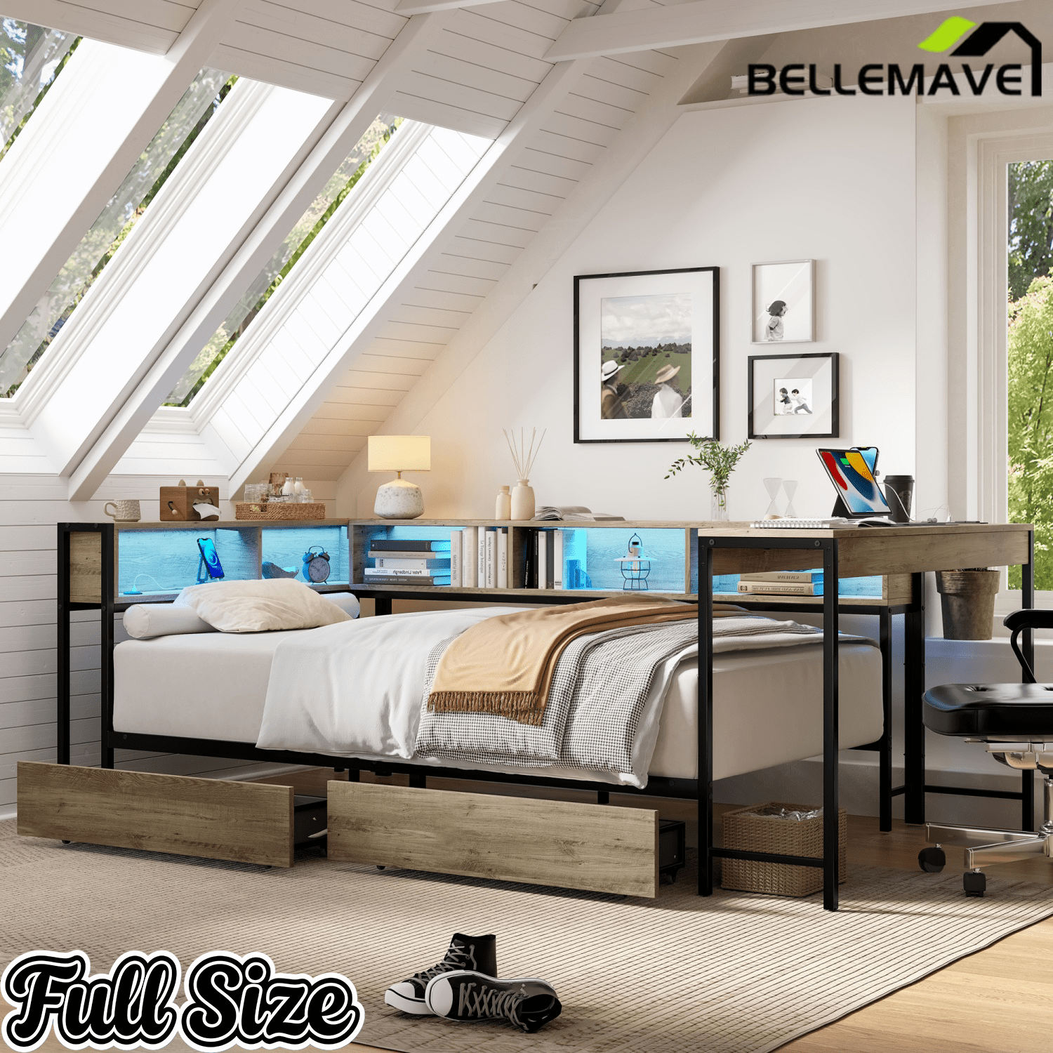 Bellemave® Full Corner Bed Frame with Desk & Storage, Full Size Captains Bed with Charging Station & LED Light, Wood Daybeds with L - Shaped Bookcase & 2 Drawers, Grey - Bellemave