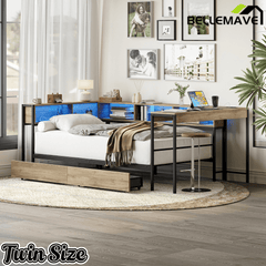 Bellemave® Full Corner Bed Frame with Desk & Storage, Full Size Captains Bed with Charging Station & LED Light, Wood Daybeds with L - Shaped Bookcase & 2 Drawers, Grey - Bellemave