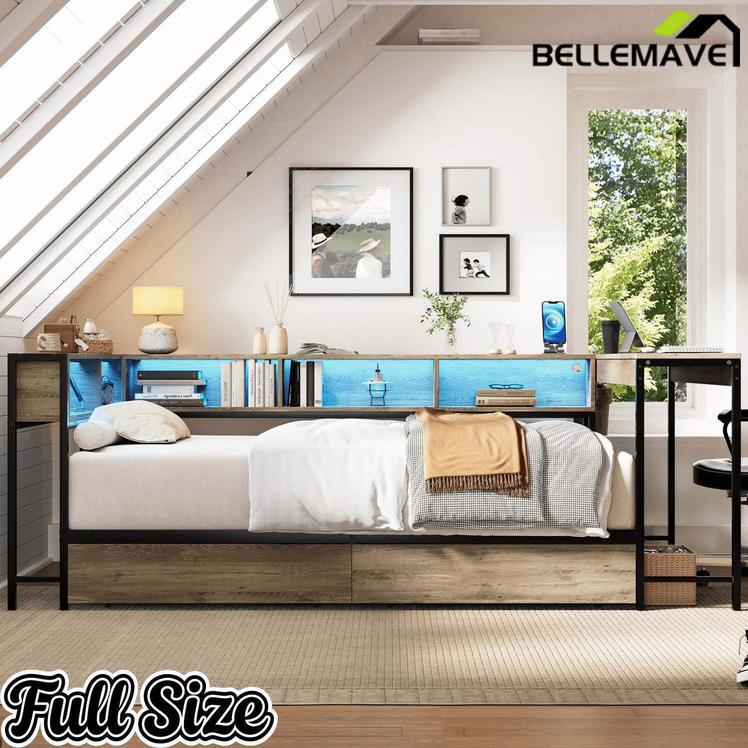 Bellemave® Full Corner Bed Frame with Desk & Storage, Full Size Captains Bed with Charging Station & LED Light, Wood Daybeds with L - Shaped Bookcase & 2 Drawers, Grey - Bellemave