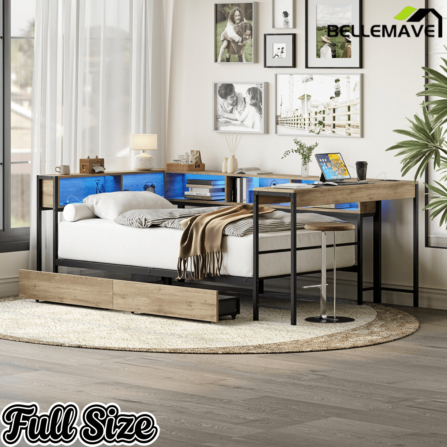 Bellemave® Full Corner Bed Frame with Desk & Storage, Full Size Captains Bed with Charging Station & LED Light, Wood Daybeds with L - Shaped Bookcase & 2 Drawers, Grey - Bellemave