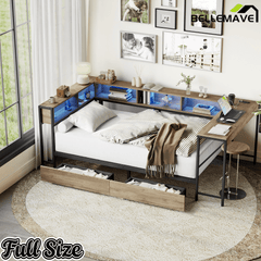 Bellemave® Full Corner Bed Frame with Desk & Storage, Full Size Captains Bed with Charging Station & LED Light, Wood Daybeds with L - Shaped Bookcase & 2 Drawers, Grey - Bellemave