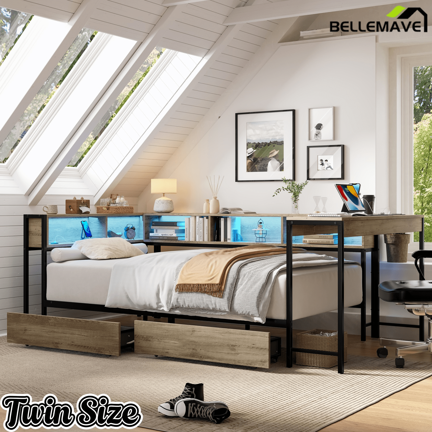 Bellemave® Full Corner Bed Frame with Desk & Storage, Full Size Captains Bed with Charging Station & LED Light, Wood Daybeds with L - Shaped Bookcase & 2 Drawers, Grey - Bellemave