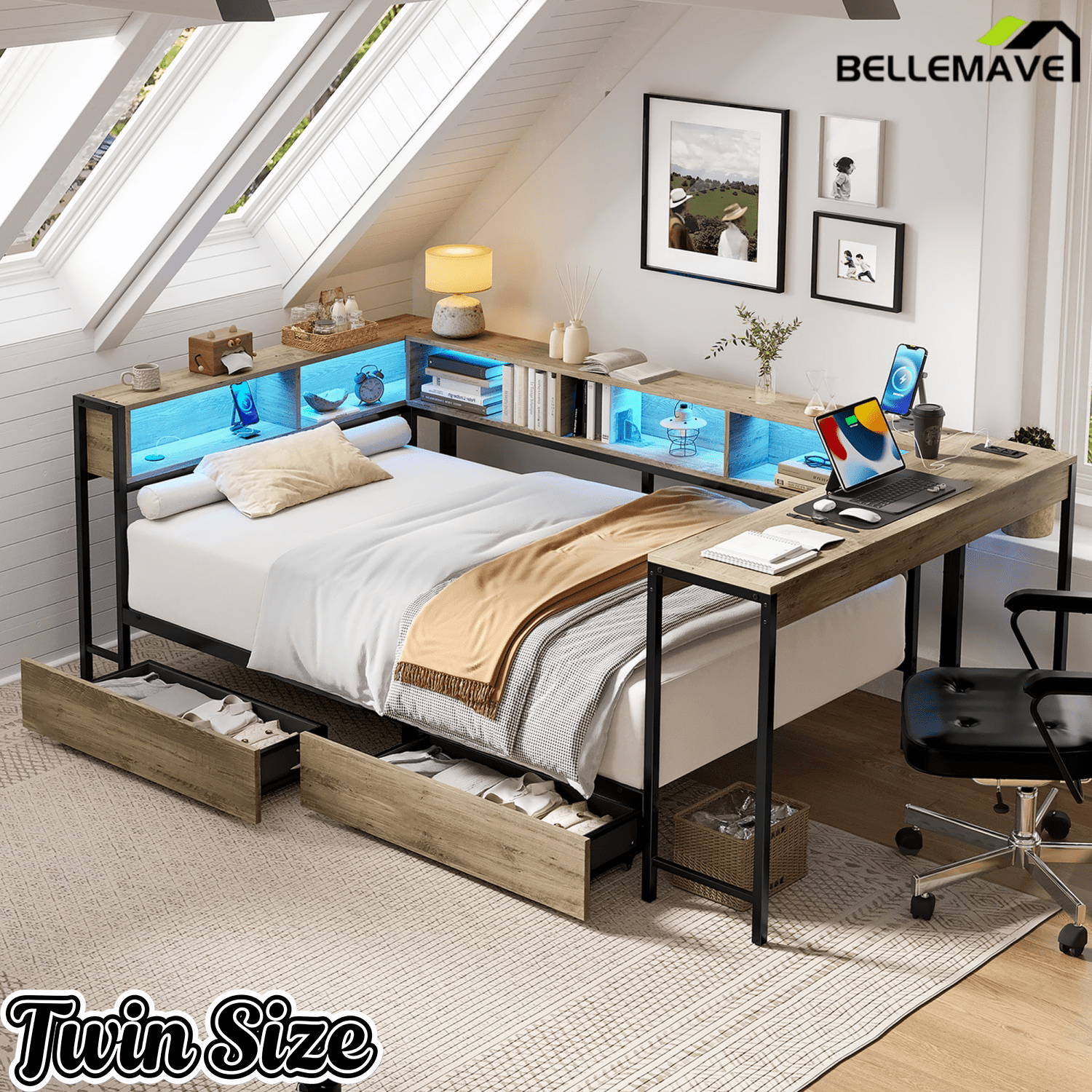 Bellemave® Full Corner Bed Frame with Desk & Storage, Full Size Captains Bed with Charging Station & LED Light, Wood Daybeds with L - Shaped Bookcase & 2 Drawers, Grey - Bellemave
