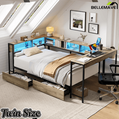 Bellemave® Full Corner Bed Frame with Desk & Storage, Full Size Captains Bed with Charging Station & LED Light, Wood Daybeds with L - Shaped Bookcase & 2 Drawers, Grey - Bellemave