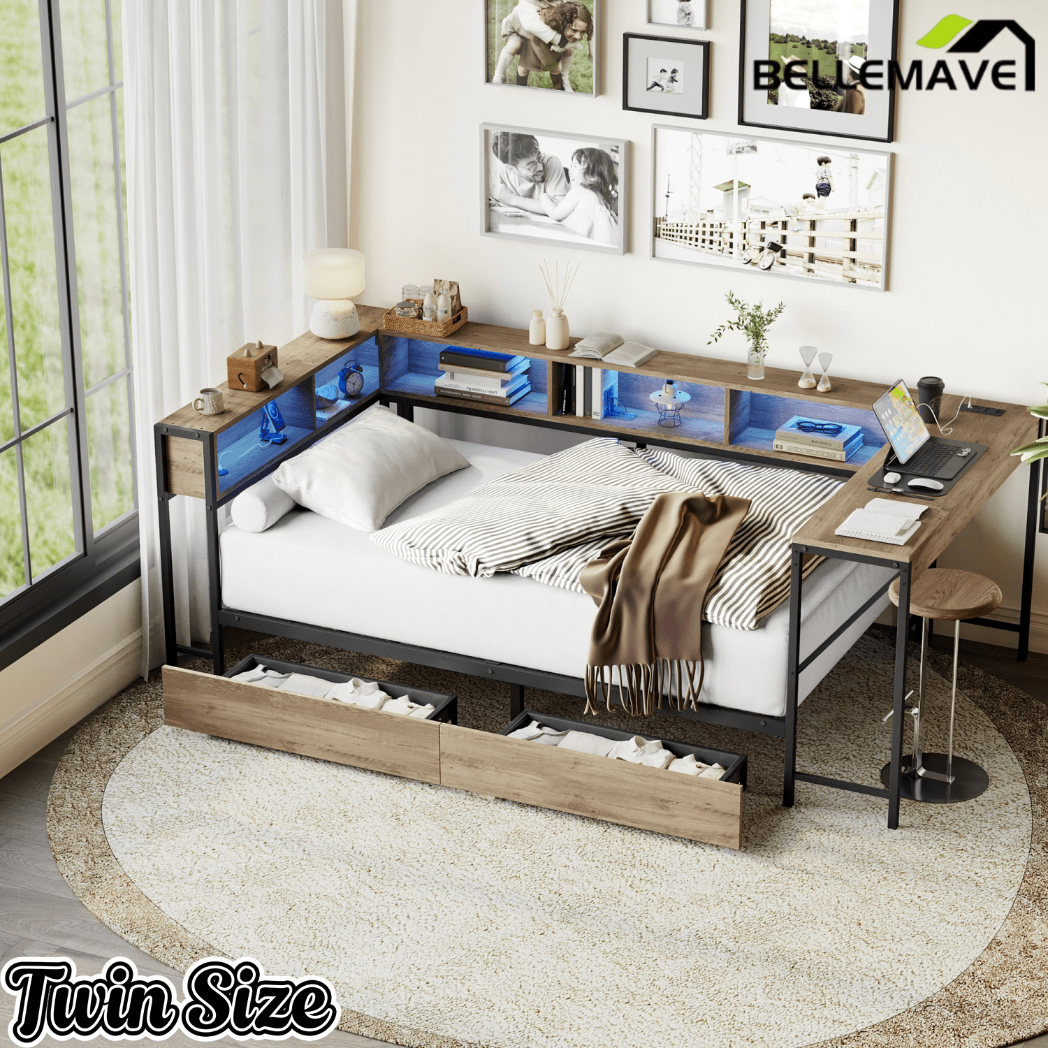 Bellemave® Full Corner Bed Frame with Desk & Storage, Full Size Captains Bed with Charging Station & LED Light, Wood Daybeds with L - Shaped Bookcase & 2 Drawers, Grey - Bellemave