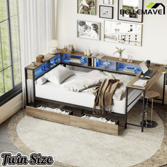 Bellemave® Full Corner Bed Frame with Desk & Storage, Full Size Captains Bed with Charging Station & LED Light, Wood Daybeds with L - Shaped Bookcase & 2 Drawers, Grey - Bellemave