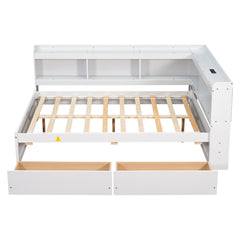 Bellemave® Full Corner Bed Frame with Storage Drawers & Bookcase, Wood Daybed with Charging Station for Kids, Teens & Adults - Bellemave