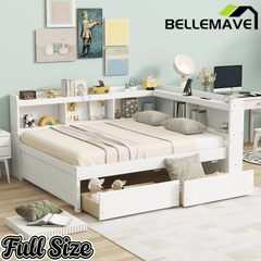 Bellemave® Full Corner Bed Frame with Storage Drawers & Bookcase, Wood Daybed with Charging Station for Kids, Teens & Adults - Bellemave