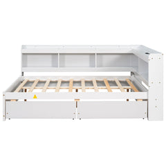 Bellemave® Full Corner Bed Frame with Storage Drawers & Bookcase, Wood Daybed with Charging Station for Kids, Teens & Adults - Bellemave