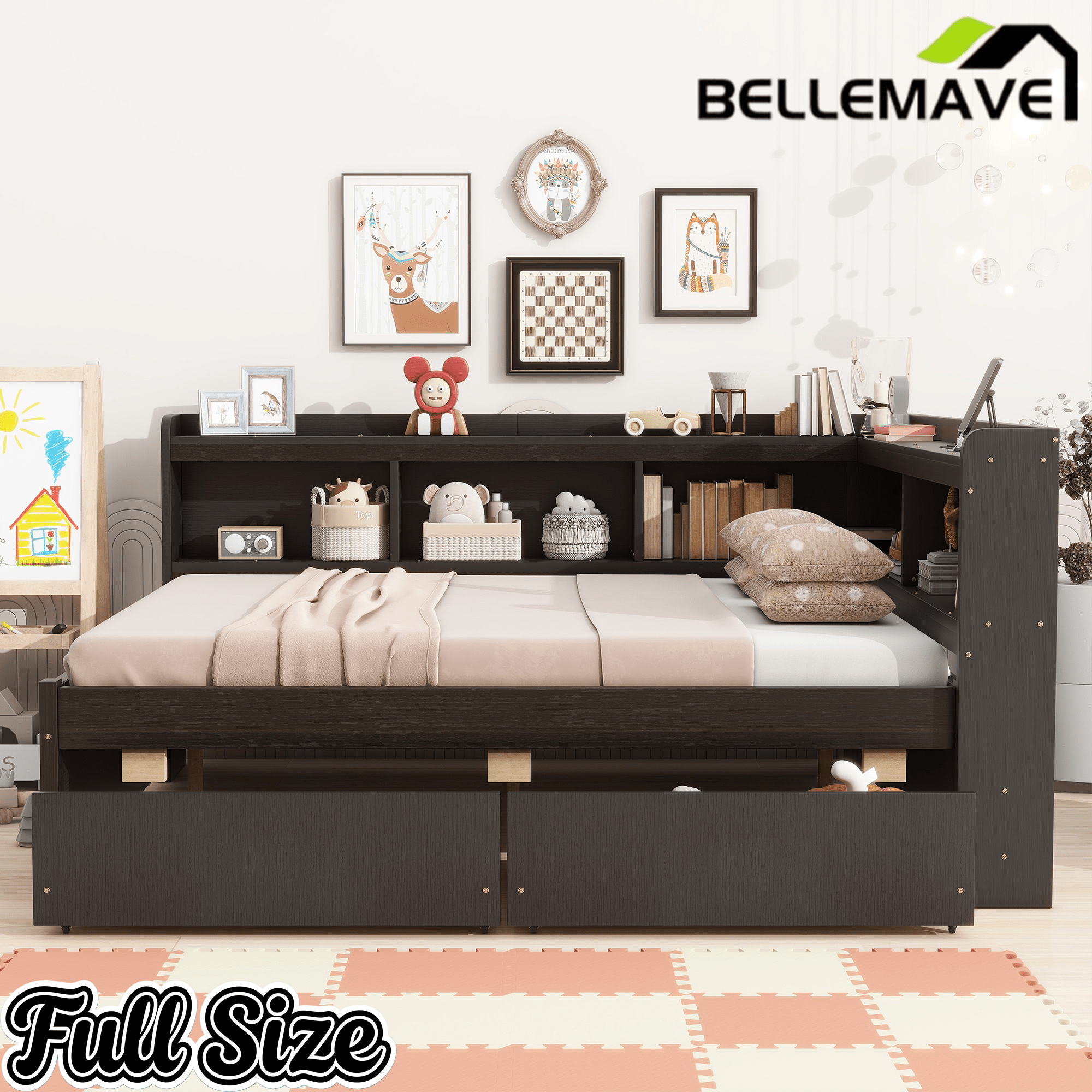 Bellemave® Full Corner Bed Frame with Storage Drawers & Bookcase, Wood Daybed with Charging Station for Kids, Teens & Adults - Bellemave
