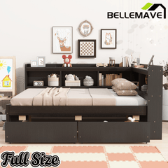 Bellemave® Full Corner Bed Frame with Storage Drawers & Bookcase, Wood Daybed with Charging Station for Kids, Teens & Adults - Bellemave
