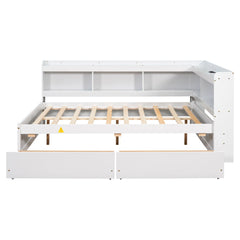 Bellemave® Full Corner Bed Frame with Storage Drawers & Bookcase, Wood Daybed with Charging Station for Kids, Teens & Adults - Bellemave