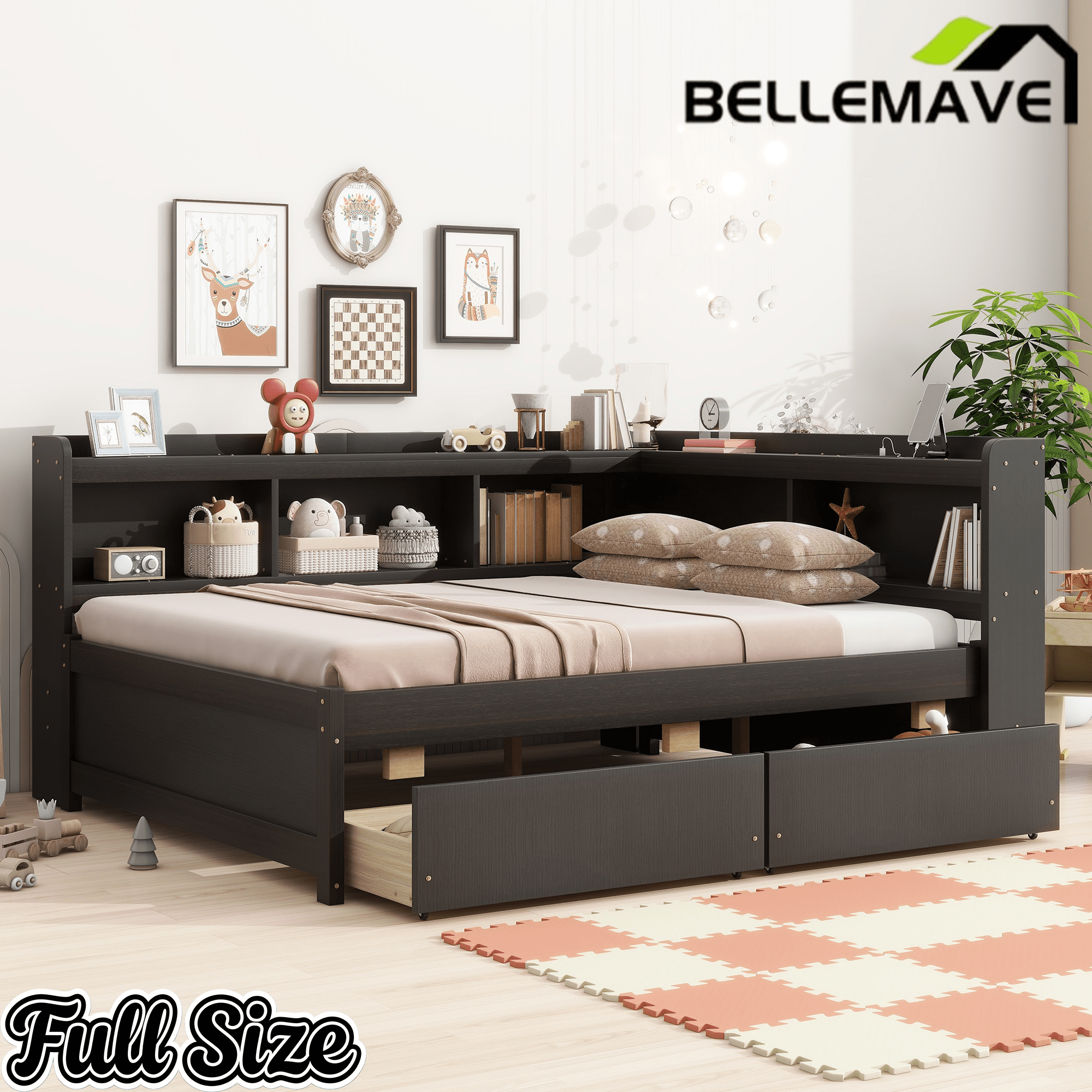 Bellemave® Full Corner Bed Frame with Storage Drawers & Bookcase, Wood Daybed with Charging Station for Kids, Teens & Adults - Bellemave