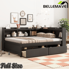 Bellemave® Full Corner Bed Frame with Storage Drawers & Bookcase, Wood Daybed with Charging Station for Kids, Teens & Adults - Bellemave