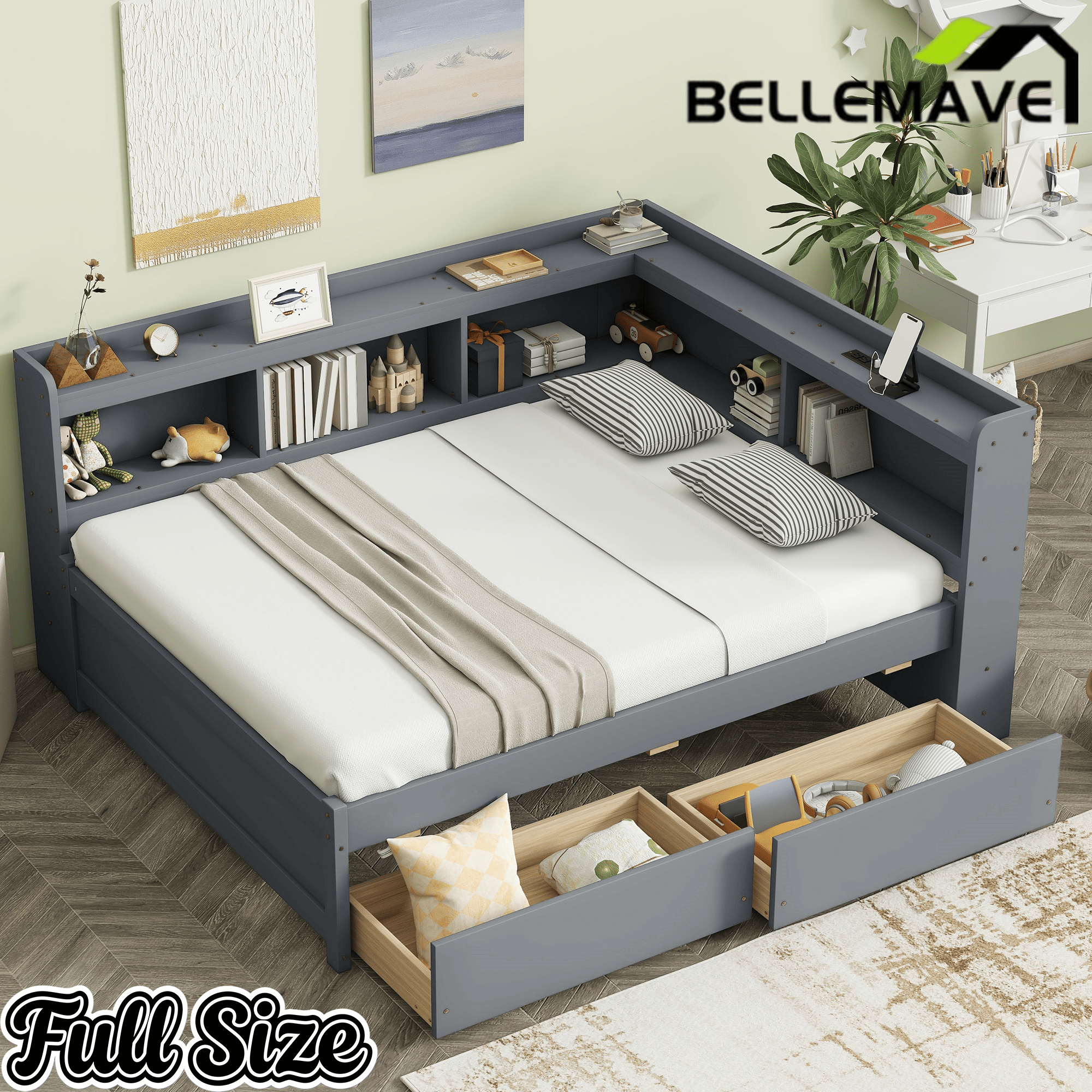 Bellemave® Full Corner Bed Frame with Storage Drawers & Bookcase, Wood Daybed with Charging Station for Kids, Teens & Adults - Bellemave