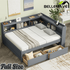 Bellemave® Full Corner Bed Frame with Storage Drawers & Bookcase, Wood Daybed with Charging Station for Kids, Teens & Adults - Bellemave