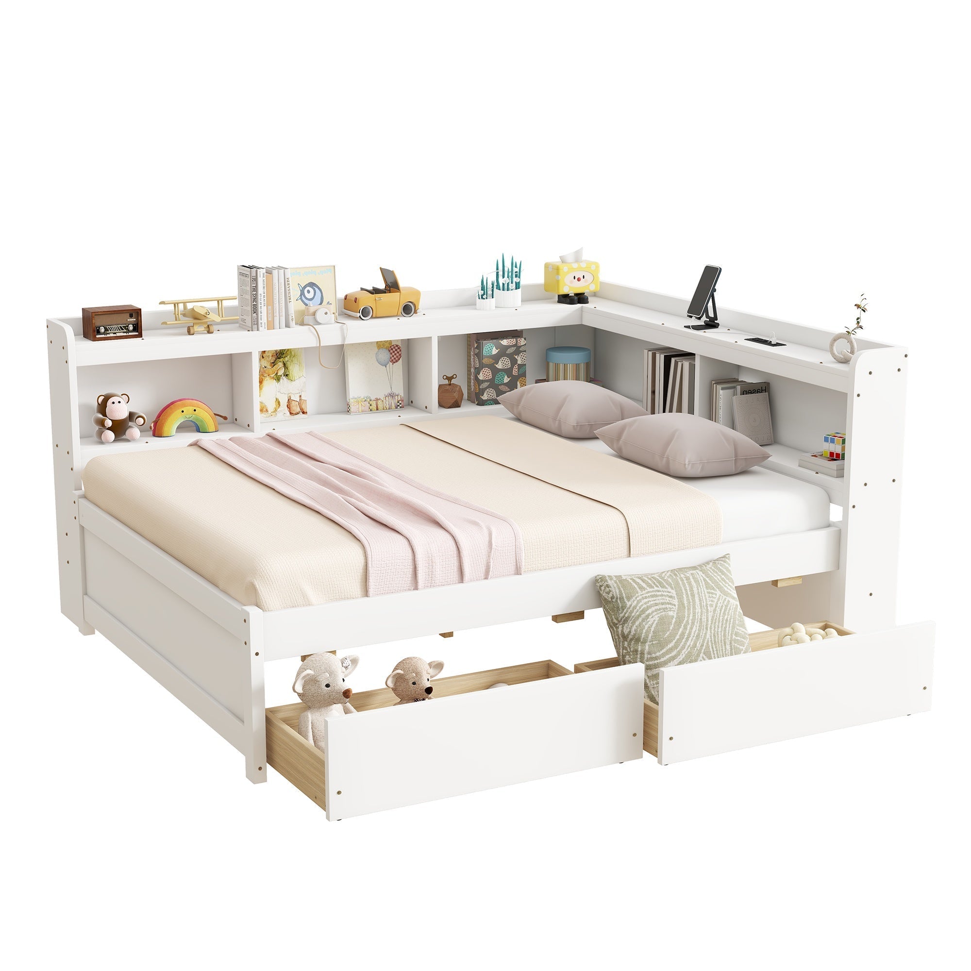 Bellemave® Full Corner Bed Frame with Storage Drawers & Bookcase, Wood Daybed with Charging Station for Kids, Teens & Adults - Bellemave