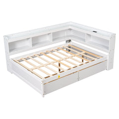 Bellemave® Full Corner Bed Frame with Storage Drawers & Bookcase, Wood Daybed with Charging Station for Kids, Teens & Adults - Bellemave