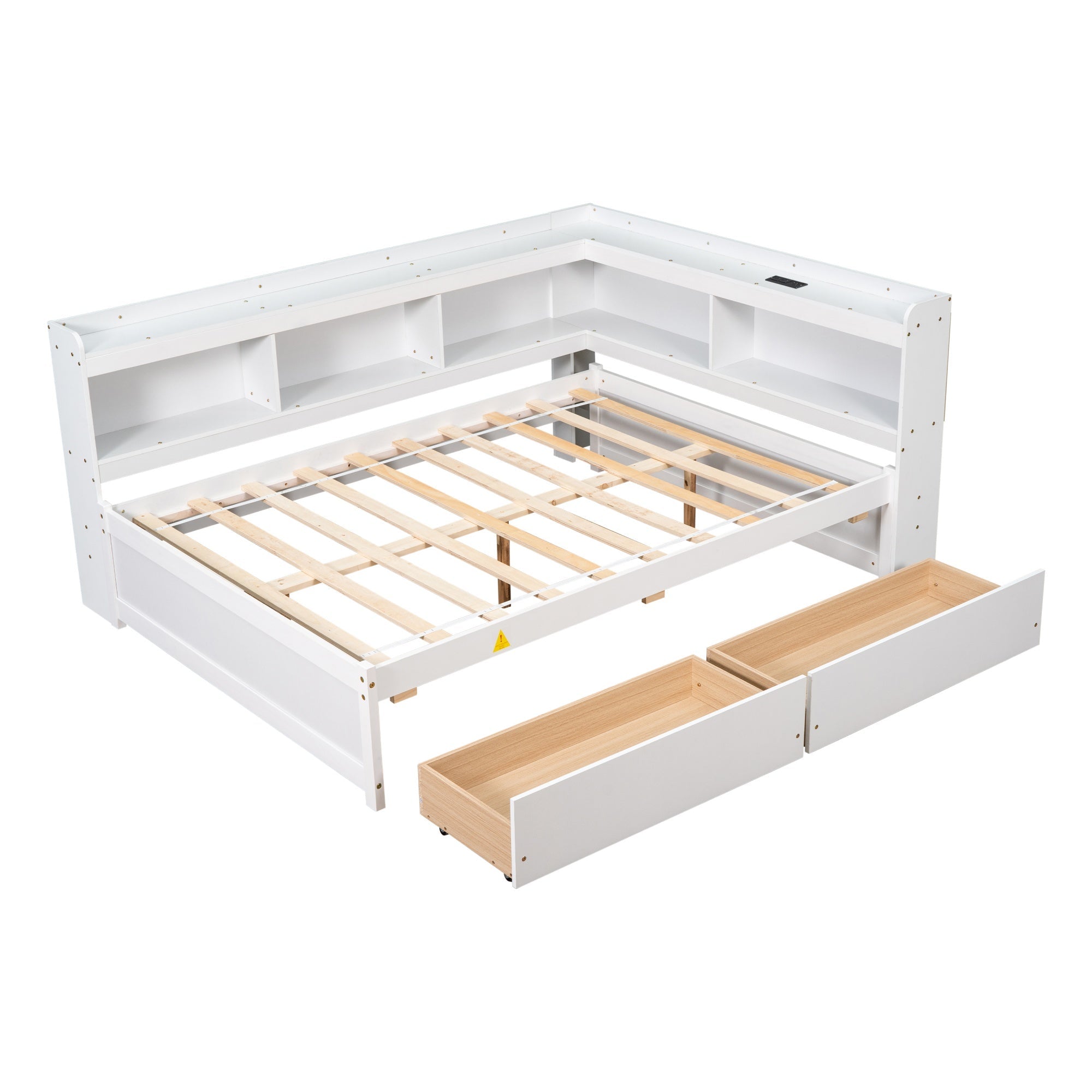 Bellemave® Full Corner Bed Frame with Storage Drawers & Bookcase, Wood Daybed with Charging Station for Kids, Teens & Adults - Bellemave