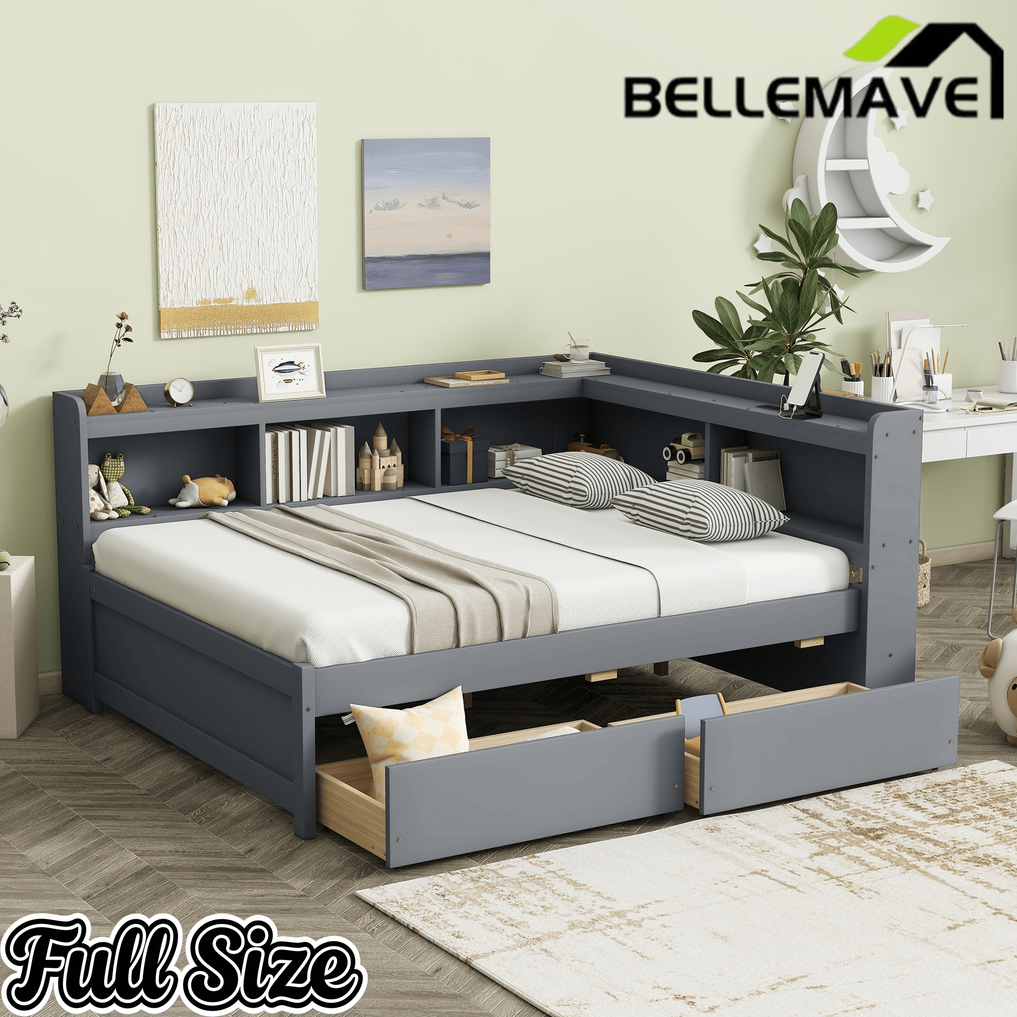 Bellemave® Full Corner Bed Frame with Storage Drawers & Bookcase, Wood Daybed with Charging Station for Kids, Teens & Adults - Bellemave
