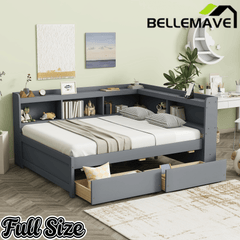 Bellemave® Full Corner Bed Frame with Storage Drawers & Bookcase, Wood Daybed with Charging Station for Kids, Teens & Adults - Bellemave